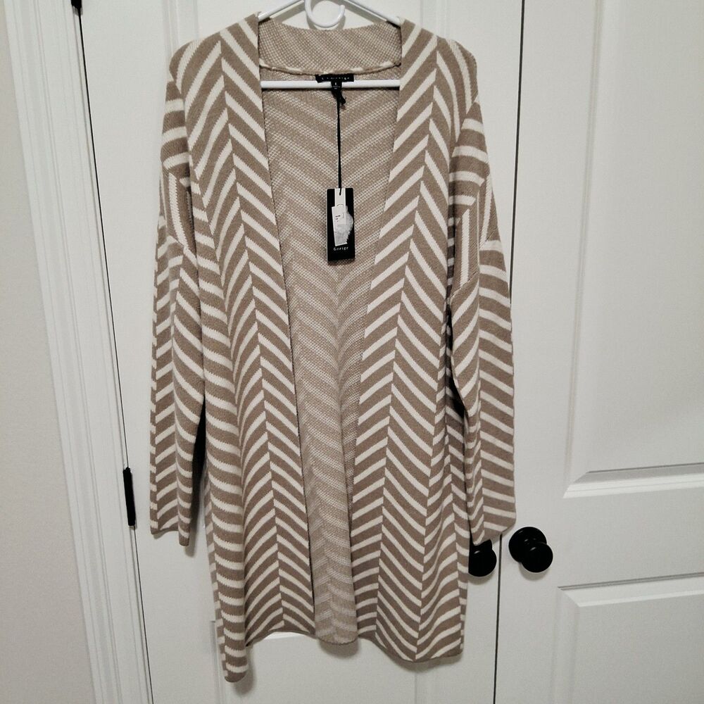 Greige Women's Long Open-Front Brown & White Chevron Cardigan Size Large NWT